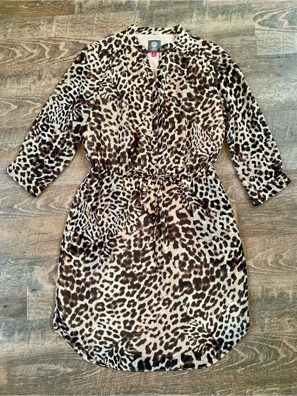 Vince Camuto Leopard Print Collarless Dress Lined in Black and Cream